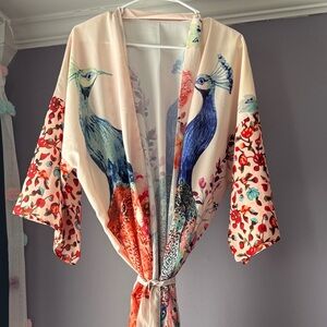 Peacock Print Kimono Robe in light pink & Blue
